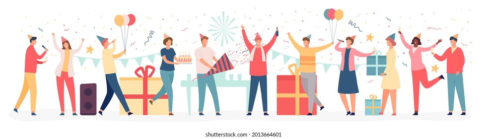 Friends at birthday. Business team celebrate holiday event with cake, balloons, gifts and confetti. Men and women at party  concept. Friend coming with present boxes, drinking champagne - Powered by Shutterstock