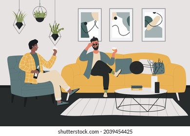 Friends conversation illustration. Cartoon happy man friend characters sitting on sofa in home living room interior, people drink alcohol beverage and chatting, male friendship background - Powered by Shutterstock