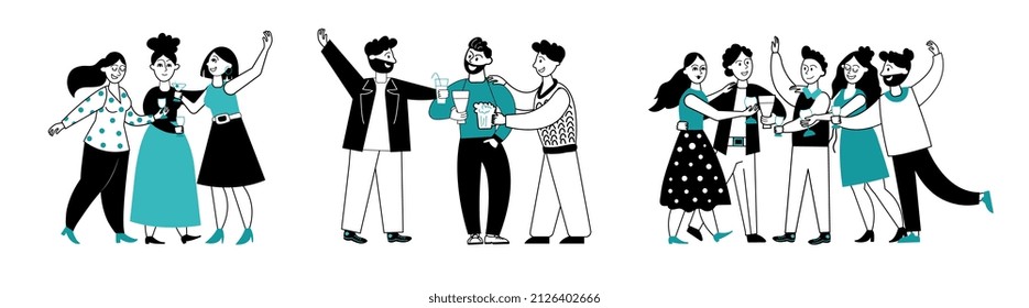 Friends drinking cocktails. Drink party, friend group at alcohol bar. People cheers and clinking glasses, decent celebrate together set - Powered by Shutterstock