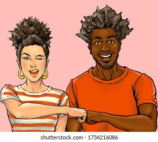 Friends give fist bump, agree to work together, have happy facial expressions rejoice success and cooperation, have toothy smiles.Team work concept