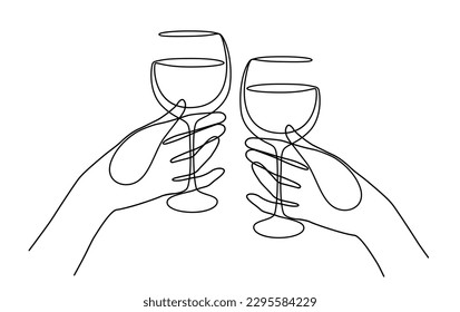 Friends raising a toast with glasses of  wine at family dinner. Hands of man and woman cheering with glasses of  wine. Friends cheering with wine glasses.  - Powered by Shutterstock