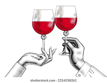 Friends raising a toast with glasses of wine at family dinner. Hands of friends cheering with glasses of wine. Friends cheering with wine glasses. - Powered by Shutterstock