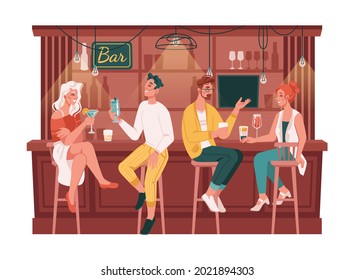 Friends sitting by counters in bar or pubs, visitors chatting and drinking cocktails. Men and women with drinks enjoy evening in company. Partying and nightlife. Flat cartoon character - Powered by Shutterstock