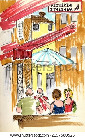 The friends is sitting in a cafe on the street in the tourist center of the old city. Sketch with watercolor markers.