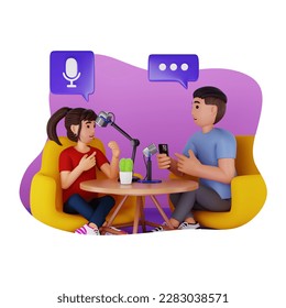 Friends Talking While Having Podcast, 3D Character Illustration - Powered by Shutterstock