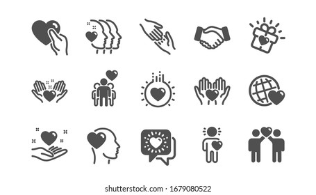 Friendship and love icons. Interaction, Mutual understanding and assistance business. Trust handshake, social responsibility icons. Classic set. Quality set.