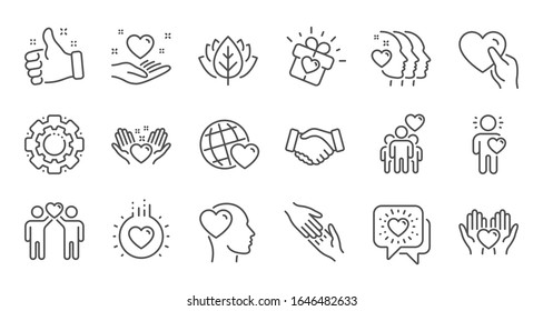 Friendship and love line icons. Interaction, Mutual understanding and assistance business. Trust handshake, social responsibility icons. Linear set. Quality line set.