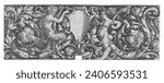 Frieze with a Shield Worn by a Male and a Female Satyr, Jacob Binck, 1510 - 1569, vintage engraved.