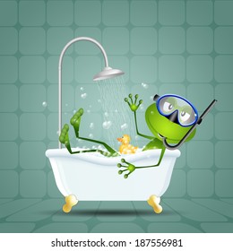 Frog in bath with diving mask