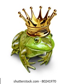 Frog prince with gold crown representing the fairy tale concept of change and transformation from an amphibian to royalty.