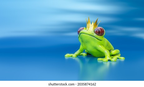 The Frog Prince With Golden Crown On Turquoise Background. 3D Illustration