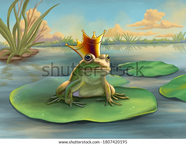 Frog prince waiting on a water lily.\
Digital\
illustration.