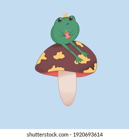 The frog is sitting mushroom  She is sad   drinks cocktail 