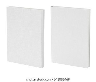 Front And Back View Of Standing Portrait White Blank Book Cover Mockup With Fabric Texture Isolated On White Background. 3d Illustration