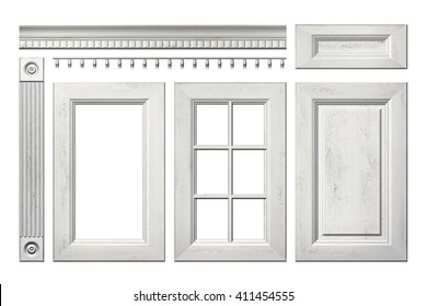 Front Collection Of Old Wooden Door, Drawer, Column, Cornice For Kitchen Cabinet Isolated On White. 3D Rendering