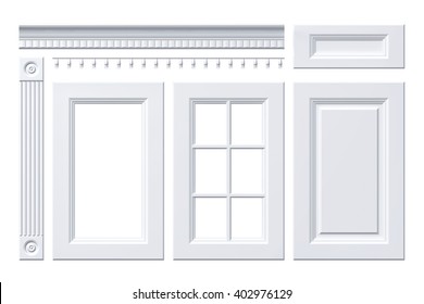 Front Door, Drawer, Column, Cornice For Kitchen Cabinet Isolated On White. 3D Render