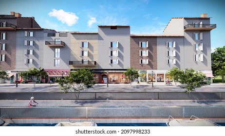 Front Elevation Of Commercial Building, Downtown, Illustration, Architecture, Mediterranean, 3d 