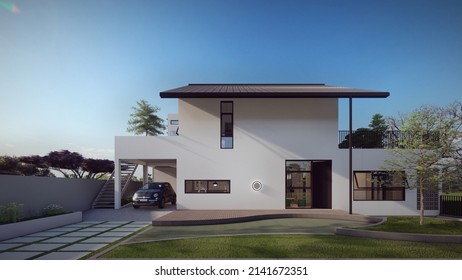 front elevation modern tropical house 3d illustration