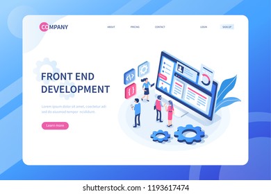 Front end development concept with characters. Can use for web banner, infographics, hero images. Flat isometric illustration isolated on white background.