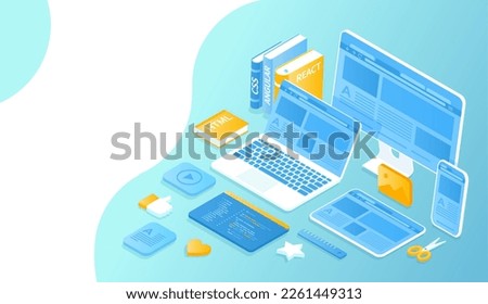 Front End Development, Creating a site layout, template. Converting data into a graphical UI UX interface. Web development, design, graphic, usability. Isometric raster illustration for website.