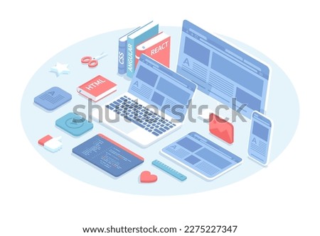 Front end development. Website UI UX interface on a monitor screen, laptop, tablet, phone. software development, front-end coding. Raster illustration in 3d design. Isometric web banner.