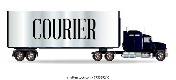 The front end of a large lorry over a white background with Courier inscription