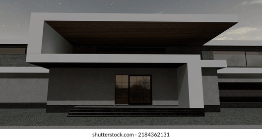 Front Entrance To A Luxurious Country House. Night View. Wall Decoration Is White Marble. Plinth Black Brick. 3d Render.