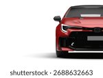 Front half render of red colored modern hatchbag car with white background and sporty design details.