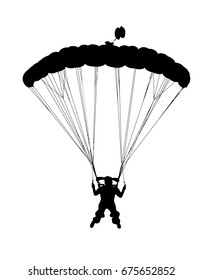 Front Profile Silhouette Of Sky Diver With Open Parachute Landing