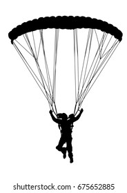 Front Profile Silhouette Of Sky Diver With Open Parachute Landing