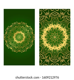 The Front And Rear Side. Mandala Design Elements. Wedding Invitation, Thank You Card, Save Card, Baby Shower.  Illustration. Green Gold Color.