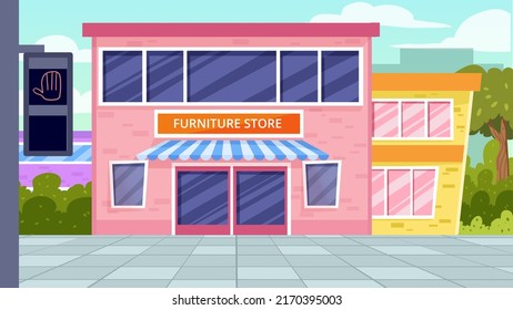 In Front Of A Red Furniture Store With Lots Of Windows, Quiet View, No People, Blue Sky And Many Trees, Colorful, Art, Cartoon, Illustration, Background