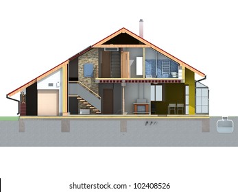 Front And Section View Of A House With Pitched Roof On White Background. Rendering.