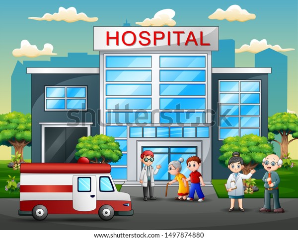 自然の背景に医師 看護師 患者 救急車を含む病院の正面図 のイラスト素材