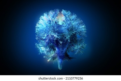 Front View 3D Render Of Blue Brain Fibers DTI Scan With Neurons Background Medical