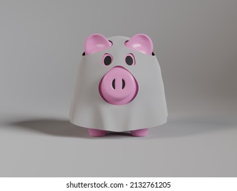 Front View of 3d Rendered Pink Piggy Bank In Sheet Ghost Halloween Costume With Eyes and Snout Visible On White Background - Powered by Shutterstock