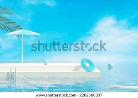 Front view of 3d rendering scene with two white long platforms stacked on top of each other, abstract water surface. Blue sky background. Beauty product promotion