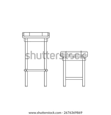 Front view of bar stool set, simple line sketch showing multiple stools arranged together with clear proportion.