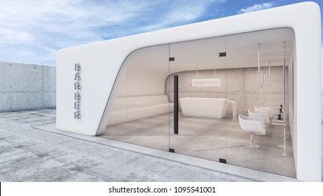 Front view Barber shop Modern Minimal design white tone - 3D render - Powered by Shutterstock