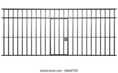A front view of the bars of a jail cell with iron bars and a door on an isolated background