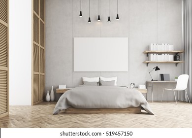 Front view of a bedroom with king size bed, a bookshelf, a table and a chair. Large horizontal poster is hanging above the bed. 3d rendering. Mock up.