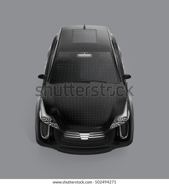 Front view of black\
SUV with wireframe isolated on gray background. 3D rendering image\
with clipping\
path.