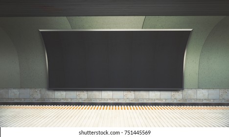 Front View Of Blank Banner Inside Metro Or Subway Station With Seat. Advertising, Ad, Retail Concept. Mock Up, 3D Rendering 