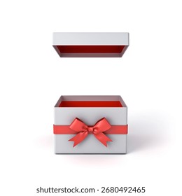 Front view of blank open square gift box with lid cover or opened present box product mock up display showcase with red ribbons and bow isolated over white background minimal concepts 3D rendering