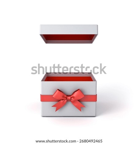Front view of blank open square gift box with lid cover or opened present box product mock up display showcase with red ribbons and bow isolated over white background minimal concepts 3D rendering