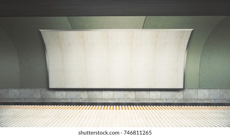 Front View Of Blank Poster Inside Metro Or Subway Station With Seat. Advertising, Ad, Retail Concept. Mock Up, 3D Rendering 