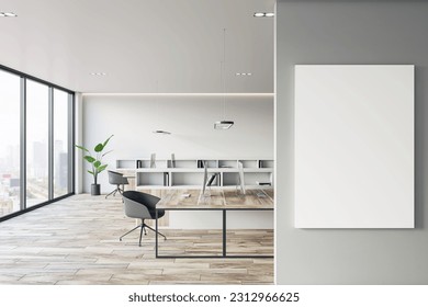 Front view of blank white isolated poster on a light grey wall at the entrance to the modern office interior with wooden floor and window with city view. 3D Rendering, mockup, template background