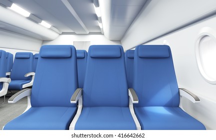 Front view of blue seats in bright airplane interior. 3D Rendering