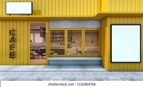 Front view Cafe shop & Restaurant design. Modern Loft metal sheet yellow. wall concrete,windows yellow metal frame- 3D render
