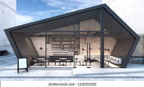 Front view Cafe shop & Restaurant design  Modern Loft metal sheet black Five  sided roof wall Brick Windows black metal frame   3D render